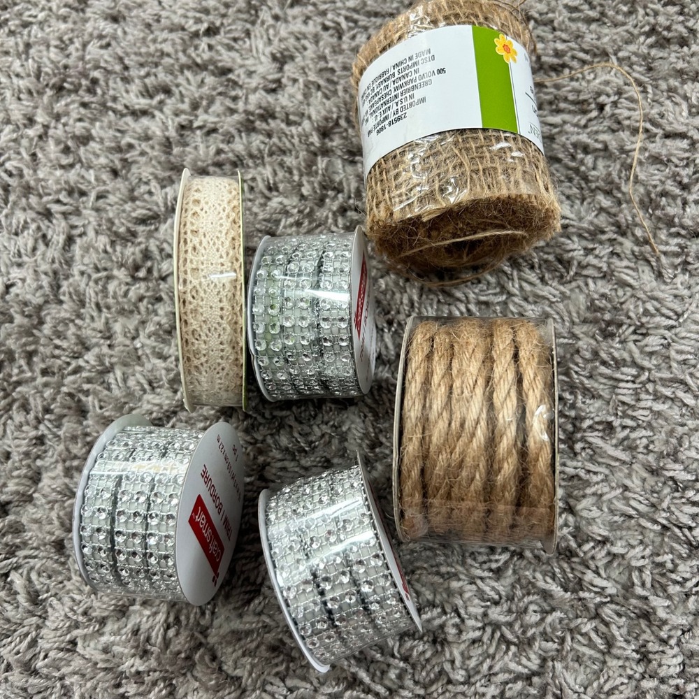 6pc Craft Ribbon Lot Rhinestone Trim Burlap Lace Jute Twine Craft Smart Floral